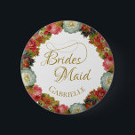 Herbstflorale Wreath Wedding Bridesmaid Name Tag Button<br><div class="desc">Dieses Namensschild ist als Geschenk für Ihre Brautmädchen konzipiert. Ein Kranz von Blume in wunderschönen Herbstfarben wie Korallen,  Rot,  Orange,  Gold und Pflaume. Das Blumendesign wird durch die zarte Goldschrift und die Wirbel noch eleganter.</div>