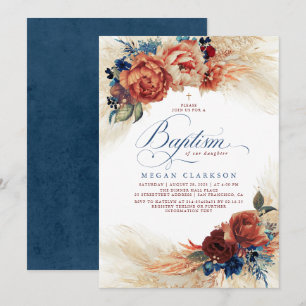 Herbstflorales Navyblau und Terrakotta-Taufe Einladung