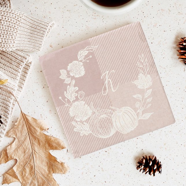 Herbstfolien Herbst Blume & Pumpkins Kariert rosa Steinuntersetzer (Fall Foliage Autumn Flowers & Pumpkins Pink Plaid Stone Coaster
)