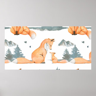 Herbstfox. Handgemalte Aquarelltafel Poster