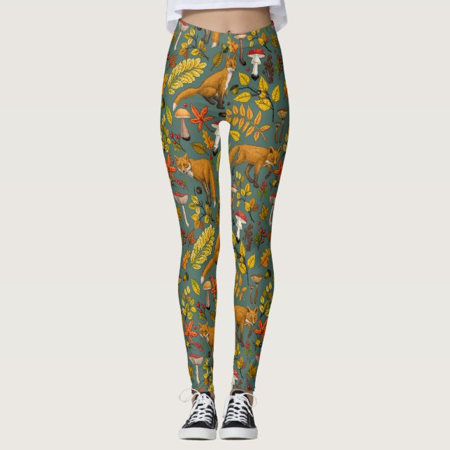 Herbstfüchse auf Kieferngrün Leggings (Vorderseite)