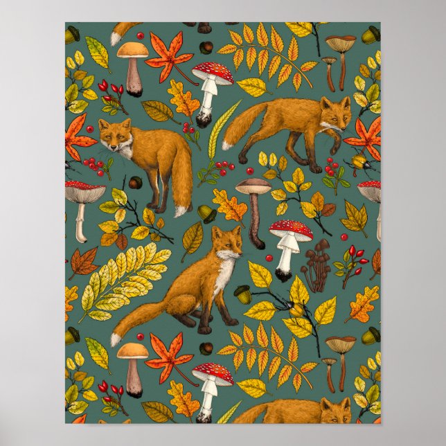 Herbstfüchse auf Kieferngrün Poster (Vorne)