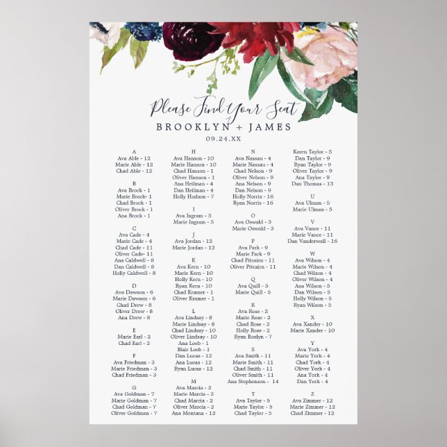 Herbstgarten Burgundy Alphabetische Sitztabelle Poster