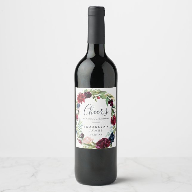 Herbstgarten Burgundy Cheers Hochzeitweilige Weinm Weinetikett (Vorderseite)