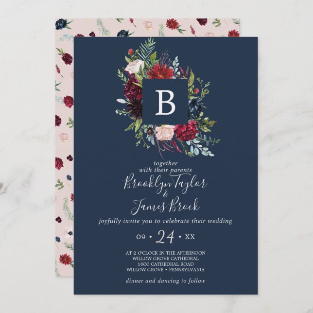 Herbstgarten | Navy Blue Monogram Wedding Einladung (Vorne/Hinten)