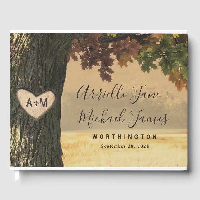 Herbstgemeißelte Eichenbäume Rustikale Waldhochzei Gästebuch (Vorderseite)