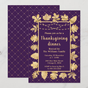 Herbstgold Blätter Thanksgiving-Dinner Lila Einladung