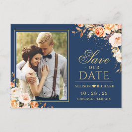 Herbstgoldflorales blaues Foto Save the Date Postkarte
