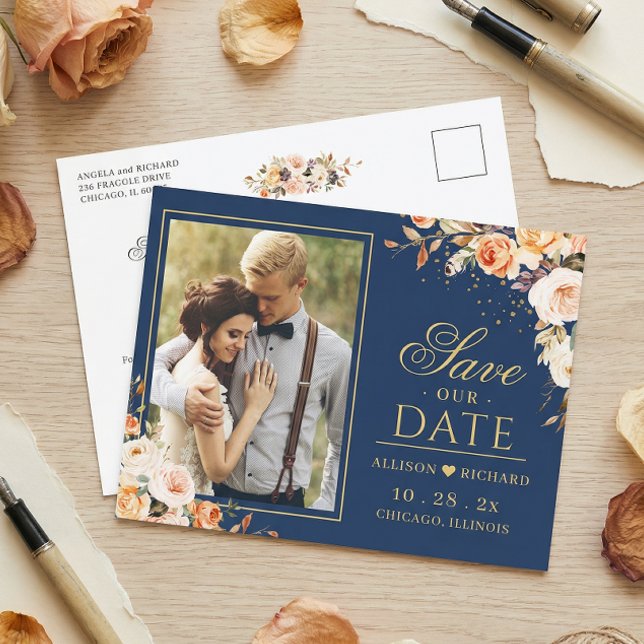 Herbstgoldflorales blaues Foto Save the Date Postkarte (Von Creator hochgeladen)