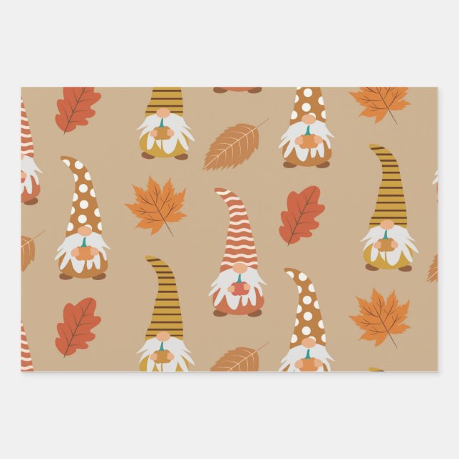 Herbstgome mit Herbstlauben auf Braun Geschenkpapier Set (Vorderseite)