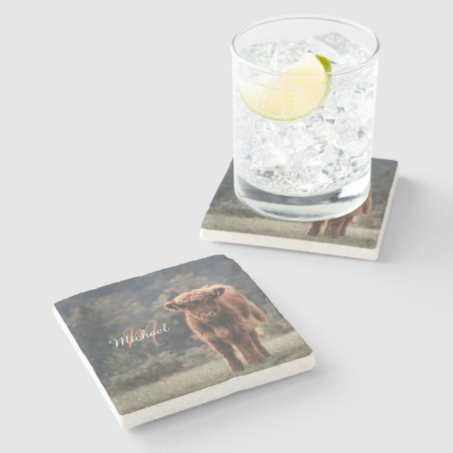 Herbstgras-Monogramm für Höllenkälber Steinuntersetzer (Seitenansicht)