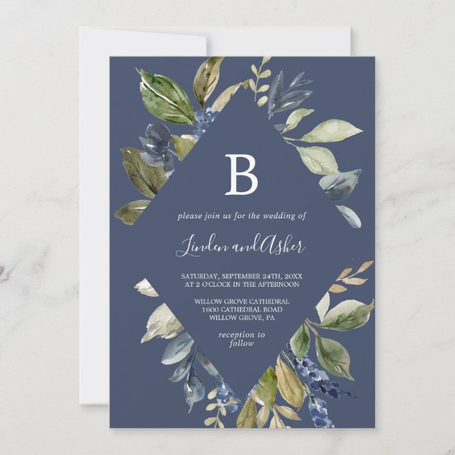 Herbstgrün | Navy Diamond Monogram Wedding Einladung (Vorderseite)
