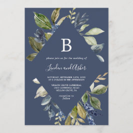 Herbstgrün | Navy Diamond Monogram Wedding Einladung