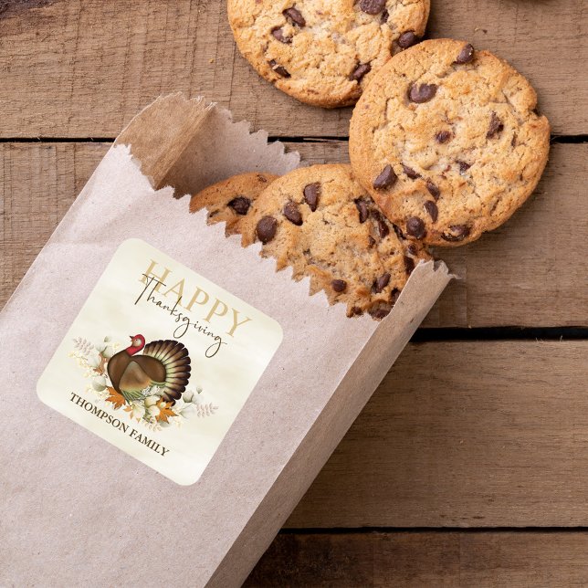 Herbstgrün Wasserfarbe Foliage Erntedank Quadratischer Aufkleber (Happy Thanksgiving turkey with greenery and foliage. )