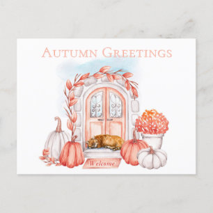 Herbstgruss Cat on Doorstep Cozy Fall Saison Postkarte
