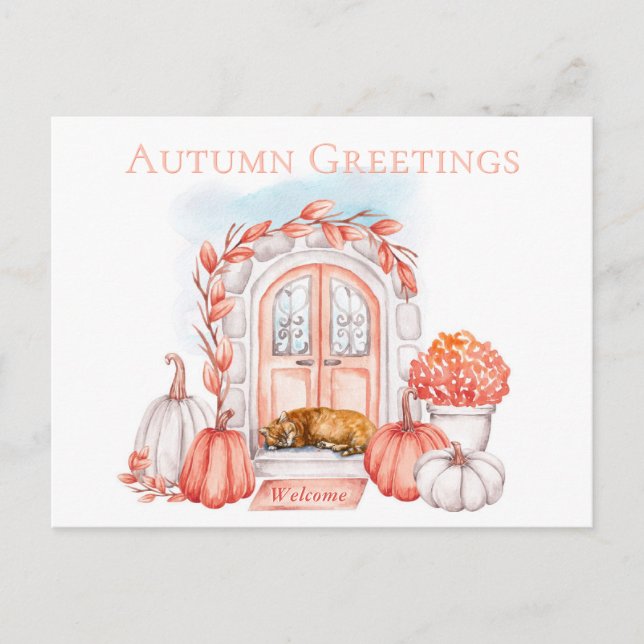 Herbstgruss Cat on Doorstep Cozy Fall Saison Postkarte (Vorderseite)