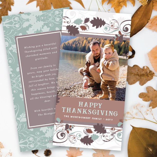 HerbstHerbstlaub Brown Wirbel Erntedank Foto Feiertagskarte (Fall / Autumn Leaves Elegant Decorative Swirls Happy Thanksgiving Photo Holiday Card @ fat_fa_tin)