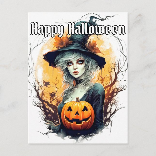 Herbsthexe | Frohe Halloween Postkarte (Vorderseite)