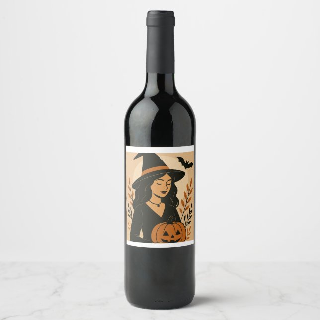 Herbsthexe mit Pumpkin | Vintag Halloween Weinetikett (Vorderseite)