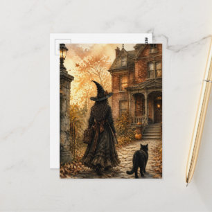 Herbsthexe und ihre schwarze Katze gehen auf dem W Postkarte