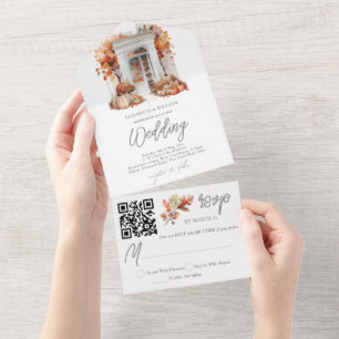 Herbsthochzeit Vordertür RSVP QR Code All In One Einladung