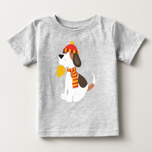 Herbsthund, Niedlicher Hund, Scarf, Hut, Herbstlea Baby T-shirt (Vorderseite)