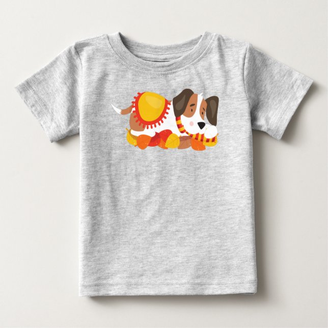 Herbsthund, Niedlicher Hund, Schlafhund, Herbstlea Baby T-shirt (Vorderseite)