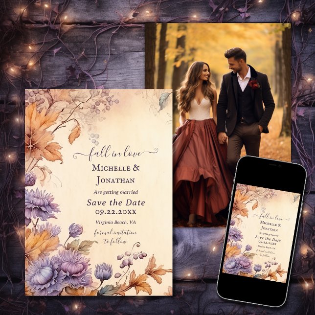 Herbstjahrfeier Herbst Foto der Liebe Save The Date (Printed and Digital - Fall in Love Autumn Vintage Wedding Photo Save The Date)