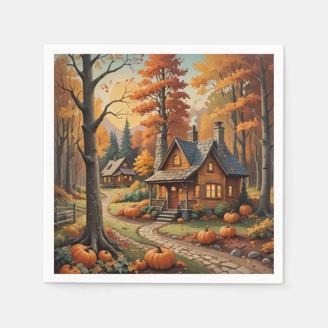 Herbstkabine umgeben von Pumpkins Serviette (Vorderseite)