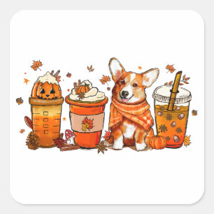 Herbstkaffee mit Corgi Pumpkin Gewürzspice Latte L Quadratischer Aufkleber
