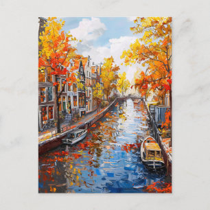 Herbstkanal mit Booten und farbenfrohen Häusern Ma Postkarte