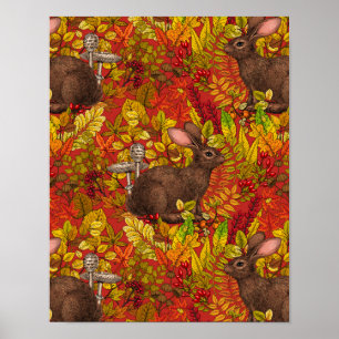Herbstkaninchen auf rot poster