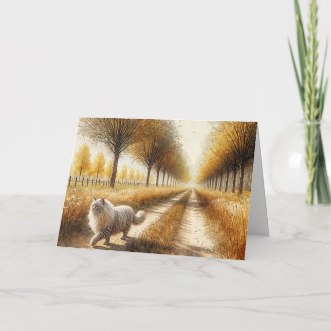 Herbstkatze, die die Straße hinunter geht Karte (Vorderseite)