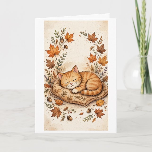 Herbstkatze genießt ein Nickerchen Karte (Vorderseite)
