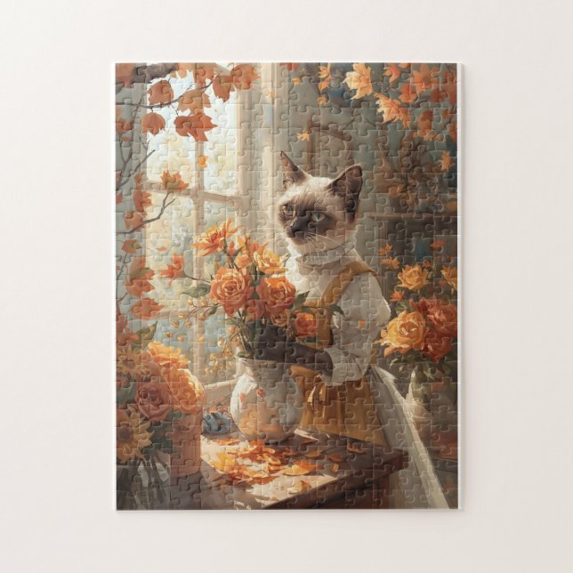 Herbstkatze mit Blume für den Erntedank Puzzle (Vertikal)