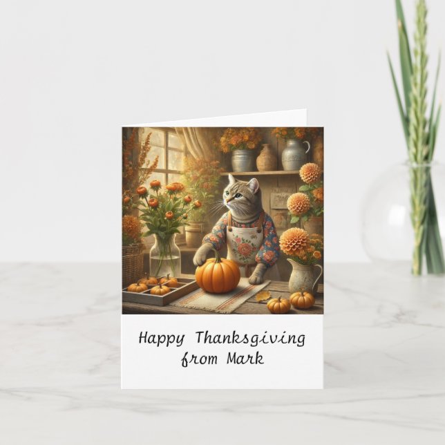 Herbstkatze mit Blume Herbstsaison Erntedank Karte (Vorderseite)