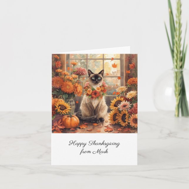 Herbstkatze mit Blume Herbstsaison Erntedank Karte (Vorderseite)