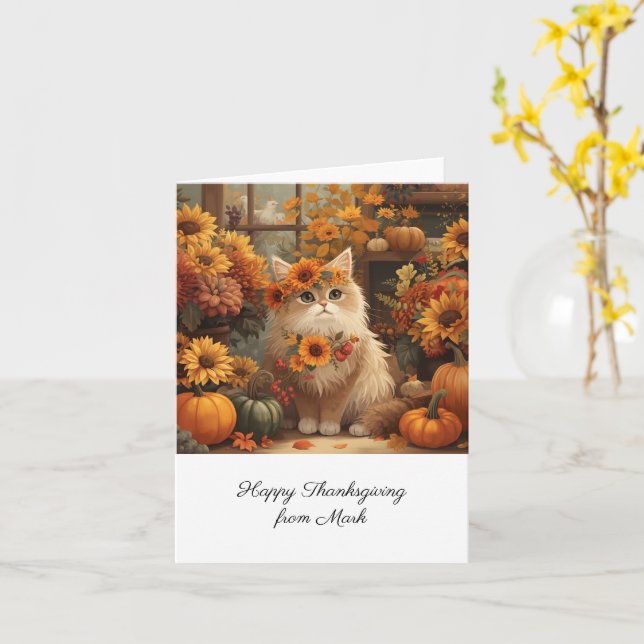 Herbstkatze mit Blume Herbstsaison Erntedank Karte (Gelbe Blume)