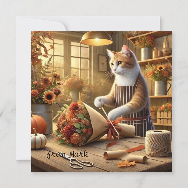 Herbstkatze mit Blume - Herbstsaison - Gruß Feiertagskarte (Vorderseite)