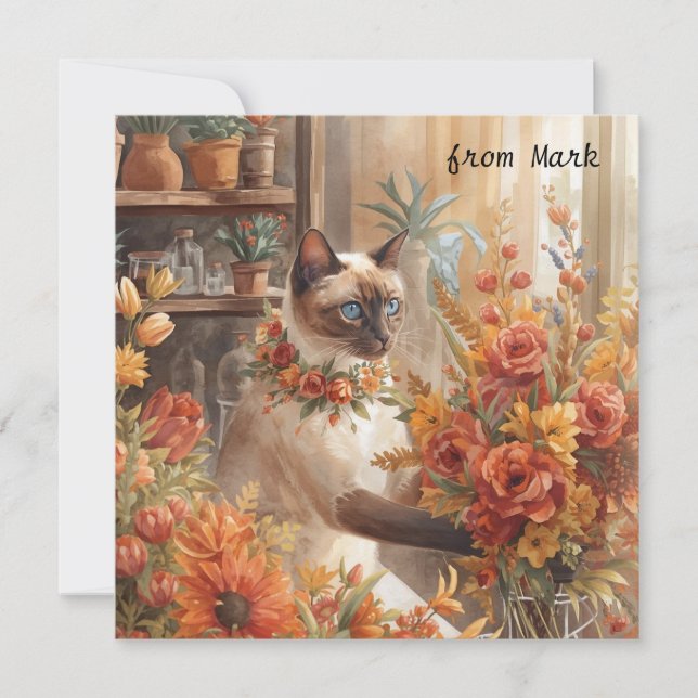 Herbstkatze mit Blume - Herbstsaison - Gruß Feiertagskarte (Vorderseite)