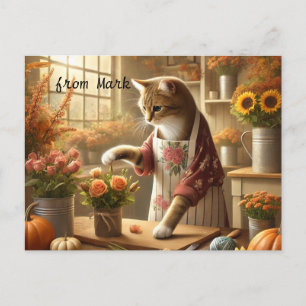 Herbstkatze mit Blume - Herbstsaison - Gruß Feiertagspostkarte