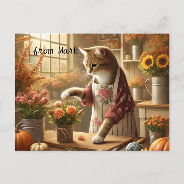 Herbstkatze mit Blume - Herbstsaison - Gruß Feiertagspostkarte (Vorderseite)