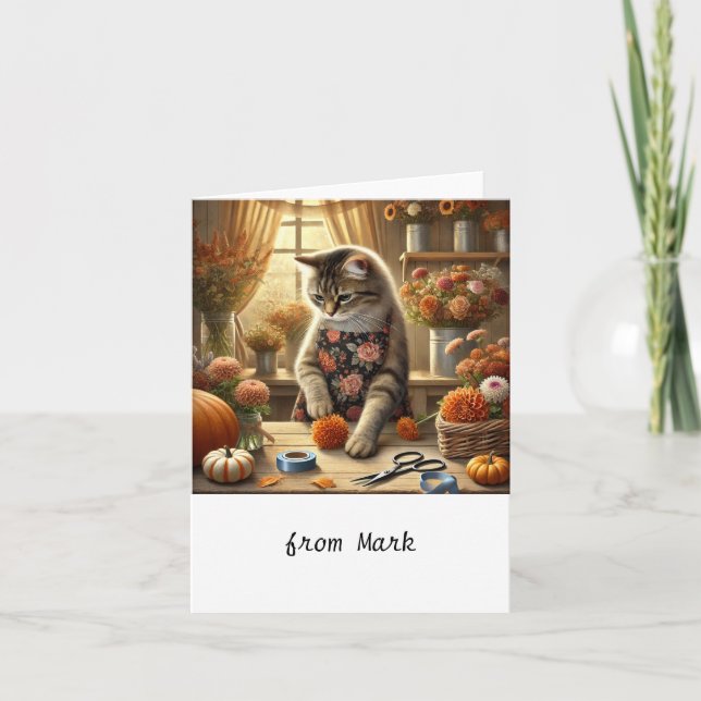 Herbstkatze mit Blume - Herbstsaison - Gruß Karte (Vorderseite)