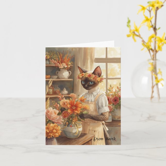 Herbstkatze mit Blume - Herbstsaison - Gruß Karte (Gelbe Blume)