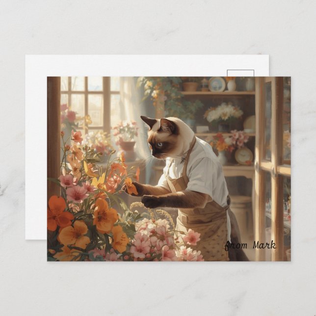 Herbstkatze mit Blume - Herbstsaison - Gruß Postkarte (Vorne/Hinten)