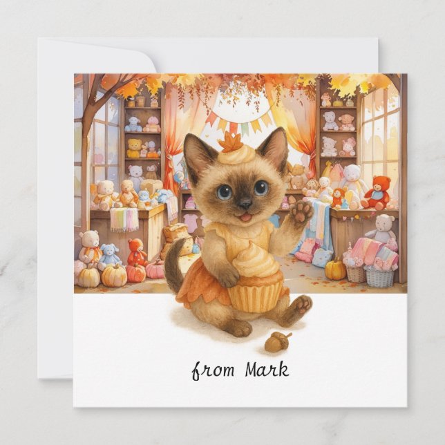 Herbstkatze mit Spielzeug - Herbstsaison Gruß Feiertagskarte (Vorderseite)