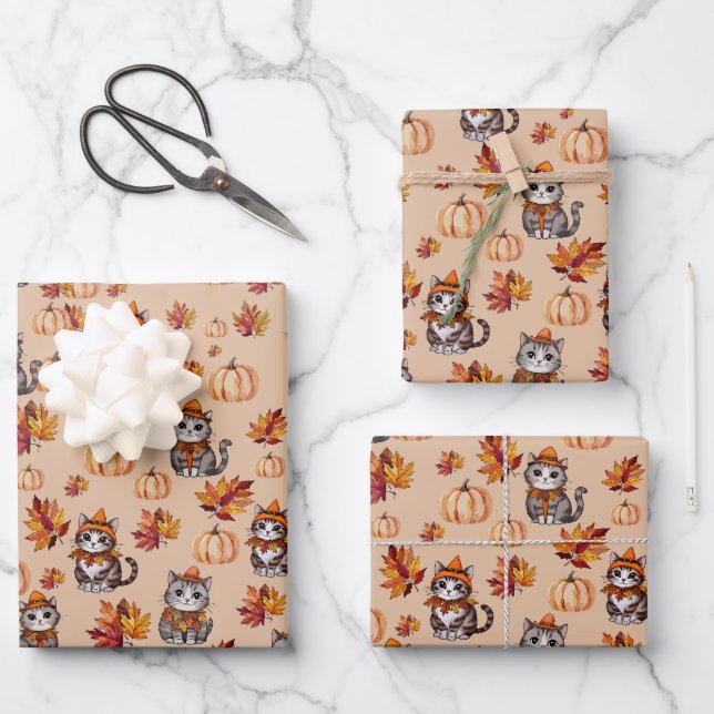Herbstkatzen und Pumpkins Geschenkpapier Set (Vorderseite)