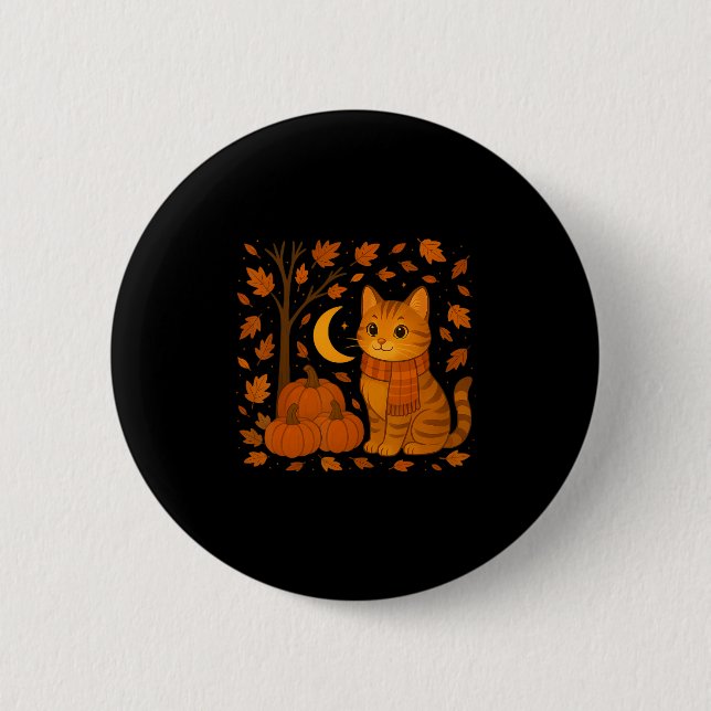 Herbstkatzenillustration mit fallenden Blättern fü Button (Vorderseite)