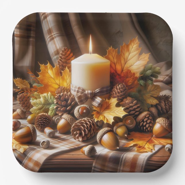 Herbstkerze mit Kernen und Band Pappteller (Vorderseite)