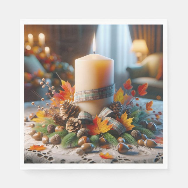 Herbstkerze mit Kernen und Band Serviette (Vorderseite)